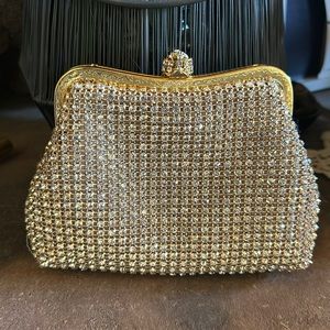 STUNNING Rhinestone beaded bag. Rosette clasp atop gold tone top and rope chain